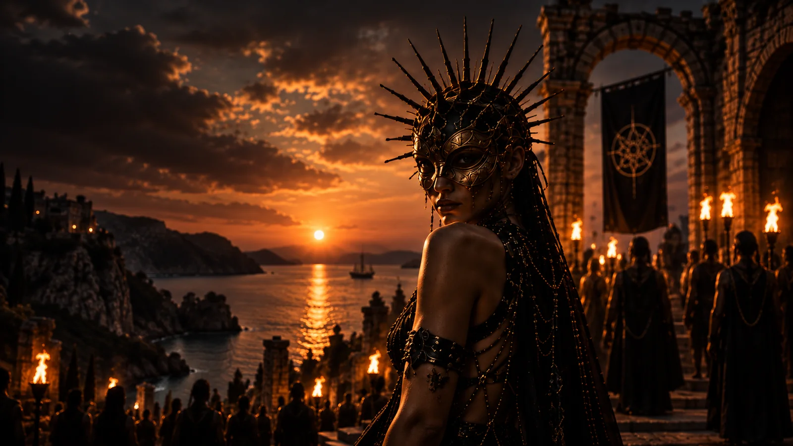 Masked ceremonial figure at sunset
